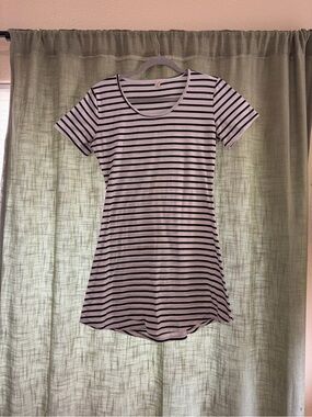 Striped Short-Sleeve Mini Dress in White and Black